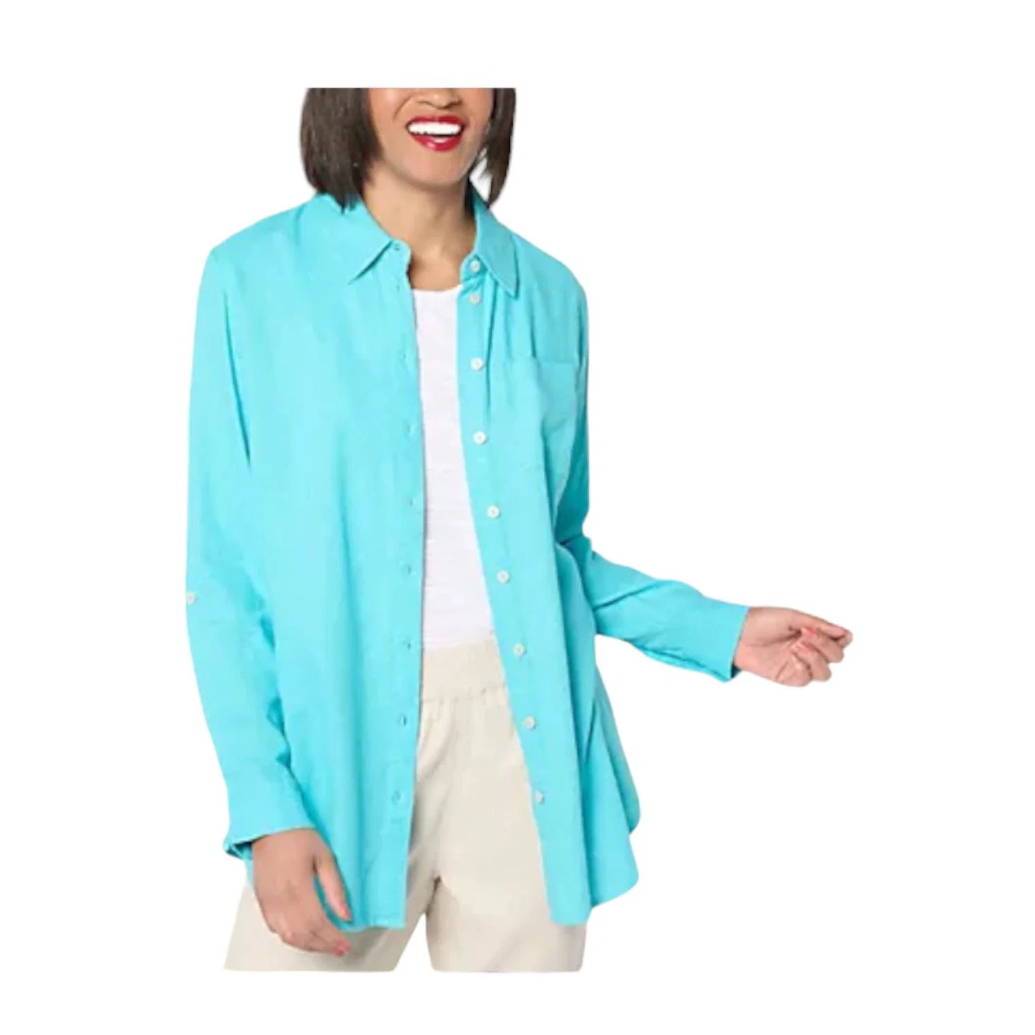 Denim & Co. Women's Linen Blend Button-Front Tunic Clear Aqua Blue - Regular